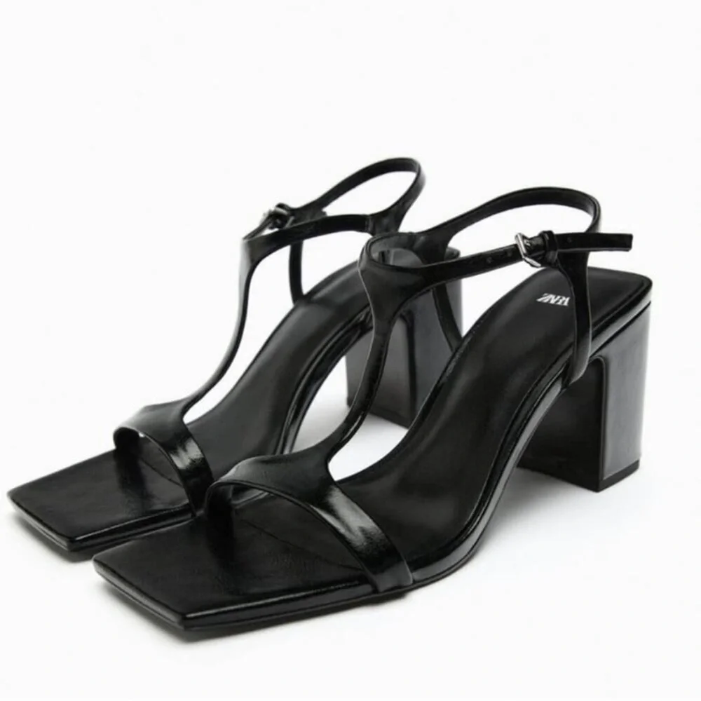 ZARA Black Leather Square- toe Block Heels Size 9